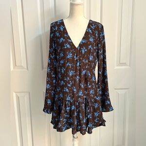 NWT ZARA Mini Dress with Floral Design, Brown and Blue, Size Large